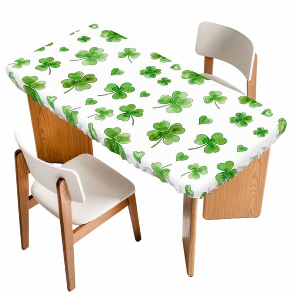 St. Patrick's Day Table Cloths for 3 Foot Rectangle Tables, Watercolor Lucky Clovers Green Patio Waterproof Elastic Fitted Tablecloths, Washable Rectangular Table Cover for Camping