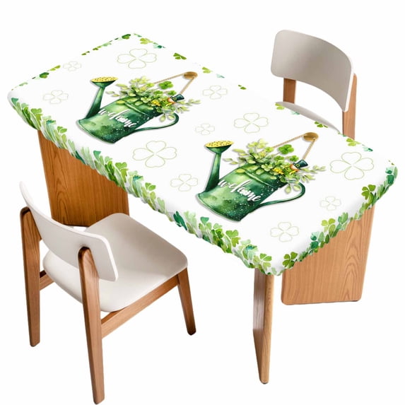 St Patrick's Day Table Cloths for 3 Foot Rectangle Tables, Watercolor Shamrock Leaves Watering Can Green Patio Waterproof Elastic Fitted Tablecloths, Washable Rectangular Table Cover for Camping