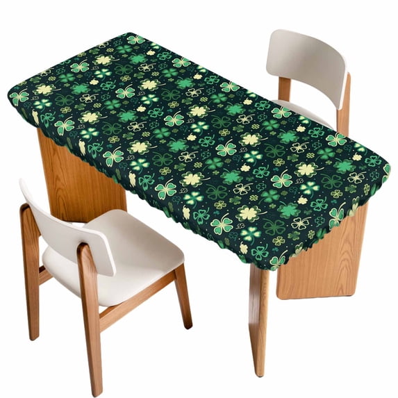 St. Patrick's Day Table Cloths for 4 Foot Rectangle Tables, Dark Green Lucky Shamrock Leaves Spring Patio Waterproof Elastic Fitted Tablecloths, Washable Rectangular Table Cover for Camping