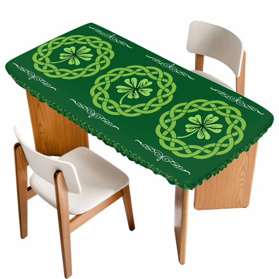 St. Patrick's Day Table Cloths for 4 Foot Rectangle Tables, Farmhouse Lucky Leaves Stripes Border Patio Waterproof Elastic Fitted Tablecloths, Washable Rectangular Table Cover for Camping