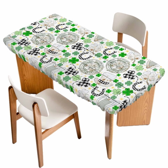 St. Patrick's Day Table Cloths for 4 Foot Rectangle Tables, Green Black Plaid Clovers Wooden Grain Patio Waterproof Elastic Fitted Tablecloths, Washable Rectangular Table Cover for Camping