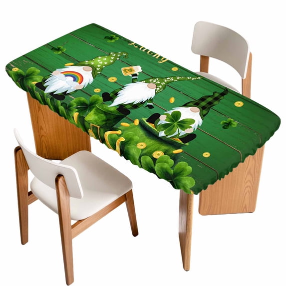 St. Patrick's Day Table Cloths for 4 Foot Rectangle Tables, Green Gnomes Shamrock Gold Coin Wood Grain Patio Waterproof Elastic Fitted Tablecloths, Washable Rectangular Table Cover for Camping