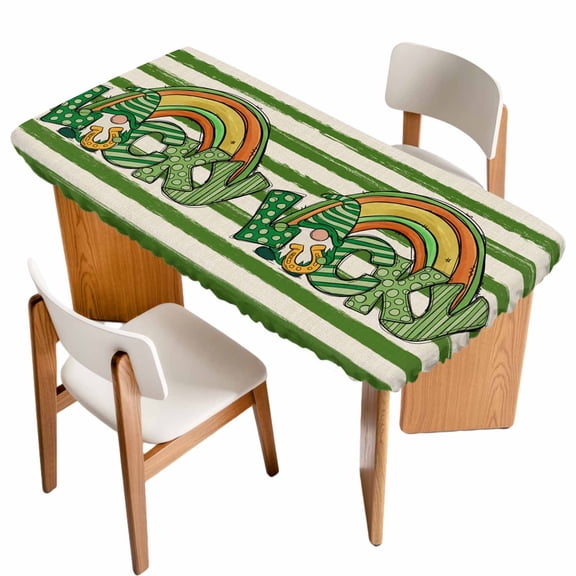 St Patrick's Day Table Cloths for 4 Foot Rectangle Tables, Green Lucky Gnomes Retro Green White Stripes Patio Waterproof Elastic Fitted Tablecloths, Washable Rectangular Table Cover for Camping
