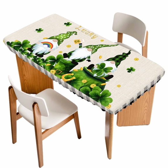 St. Patrick's Day Table Cloths for 4 Foot Rectangle Tables, Green Shamrock Gnomes Gold Coin Beige Patio Waterproof Elastic Fitted Tablecloths, Washable Rectangular Table Cover for Camping