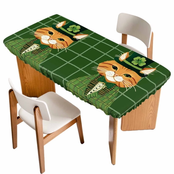 St. Patrick's Day Table Cloths for 4 Foot Rectangle Tables, Green Shamrock Kitten Cats Hat Buffalo Plaid Patio Waterproof Elastic Fitted Tablecloths, Washable Rectangular Table Cover for Camping