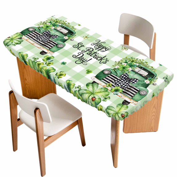 St. Patrick's Day Table Cloths for 4 Foot Rectangle Tables, Green Truck Leaf Flowers Butterfly Plaid Patio Waterproof Elastic Fitted Tablecloths, Washable Rectangular Table Cover for Camping
