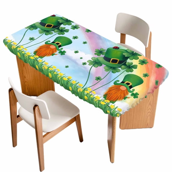 St. Patrick's Day Table Cloths for 4 Foot Rectangle Tables, Lucky Gnomes Shamrock Leaves Flower Rainbow Patio Waterproof Elastic Fitted Tablecloths, Washable Rectangular Table Cover for Camping