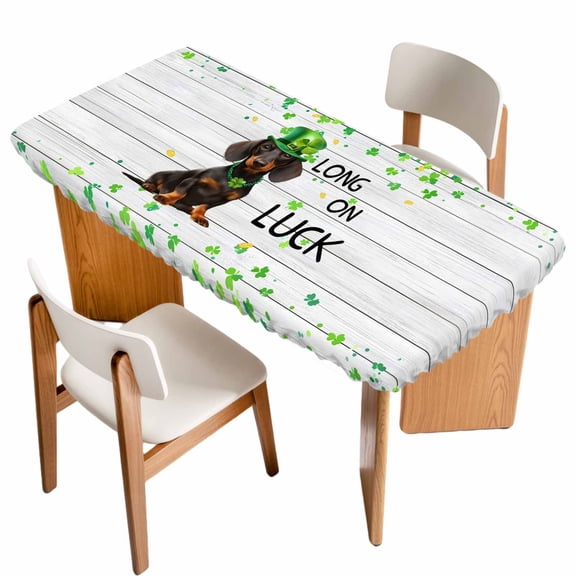 St. Patrick's Day Table Cloths for 4 Foot Rectangle Tables, Lucky Hats Dogs Grass Striped Gray Wood Patio Waterproof Elastic Fitted Tablecloths, Washable Rectangular Table Cover for Camping