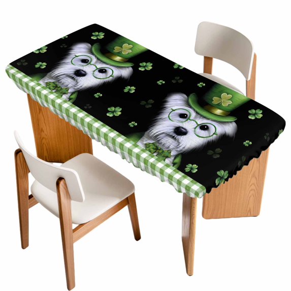 St. Patrick's Day Table Cloths for 4 Foot Rectangle Tables, Lucky Shamrock Cute Puppy Hat Green Plaid Patio Waterproof Elastic Fitted Tablecloths, Washable Rectangular Table Cover for Camping