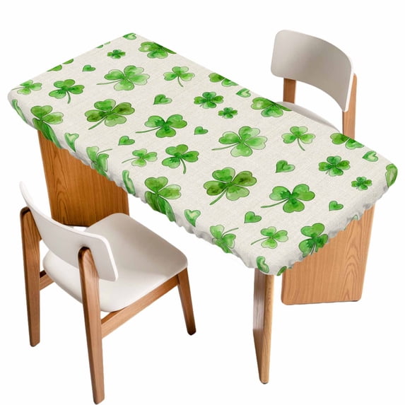 St. Patrick's Day Table Cloths for 4 Foot Rectangle Tables, Rustic Lucky Clovers Green Patio Waterproof Elastic Fitted Tablecloths, Washable Rectangular Table Cover for Camping