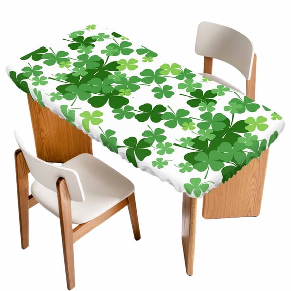 St. Patrick's Day Table Cloths for 4 Foot Rectangle Tables, Spring Green Lucky Four-leaf Grass Patio Waterproof Elastic Fitted Tablecloths, Washable Rectangular Table Cover for Camping
