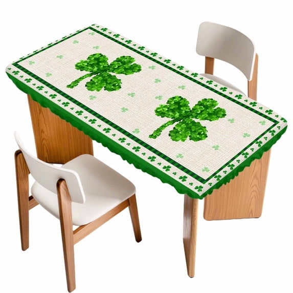 St. Patrick's Day Table Cloths for 4 Foot Rectangle Tables, Spring Green Shamrock Leaves Beige Patio Waterproof Elastic Fitted Tablecloths, Washable Rectangular Table Cover for Camping