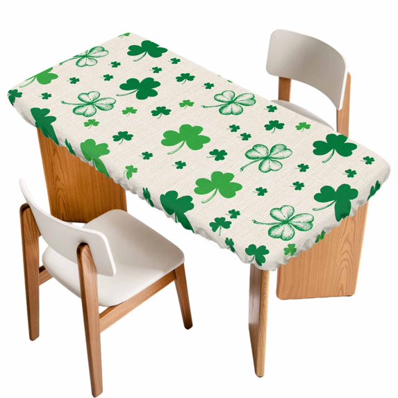 St. Patrick's Day Table Cloths for 4 Foot Rectangle Tables, Spring Green Shamrock Plant Beige Patio Waterproof Elastic Fitted Tablecloths, Washable Rectangular Table Cover for Camping