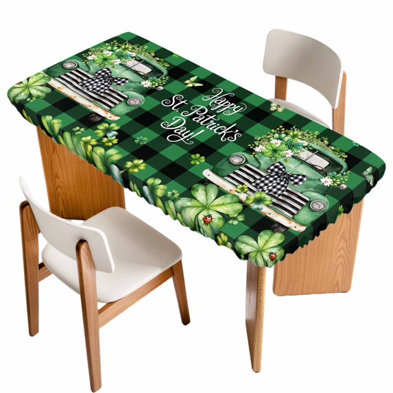 St. Patrick's Day Table Cloths for 4 Foot Rectangle Tables, Spring Green Truck Clovers Flowers Plaid Patio Waterproof Elastic Fitted Tablecloths, Washable Rectangular Table Cover for Camping