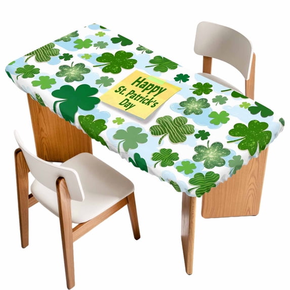 St. Patrick's Day Table Cloths for 4 Foot Rectangle Tables, Spring Lucky Green Shamrock Cloud Blue Patio Waterproof Elastic Fitted Tablecloths, Washable Rectangular Table Cover for Camping