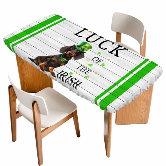 St. Patrick's Day Table Cloths for 4 Foot Rectangle Tables, Spring Lucky Hats Dogs Grass Strip Wood Patio Waterproof Elastic Fitted Tablecloths, Washable Rectangular Table Cover for Camping