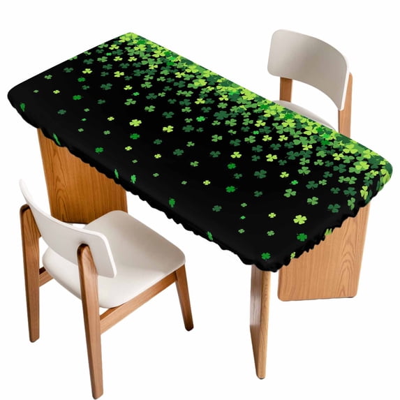St. Patrick's Day Table Cloths for 4 Foot Rectangle Tables, Spring Lucky Shamrocks Leaves Black Patio Waterproof Elastic Fitted Tablecloths, Washable Rectangular Table Cover for Camping