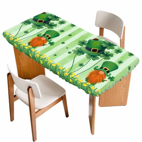 St. Patrick's Day Table Cloths for 4 Foot Rectangle Tables, Spring Shamrock Leaves Gnomes Flower Green Patio Waterproof Elastic Fitted Tablecloths, Washable Rectangular Table Cover for Camping