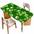 thumbnail image 1 of St. Patrick's Day Table Cloths for 4 Foot Rectangle Tables, Spring Shamrock Leaves Polka Dots Dark Green Patio Waterproof Elastic Fitted Tablecloths, Washable Rectangular Table Cover for Camping, 1 of 8
