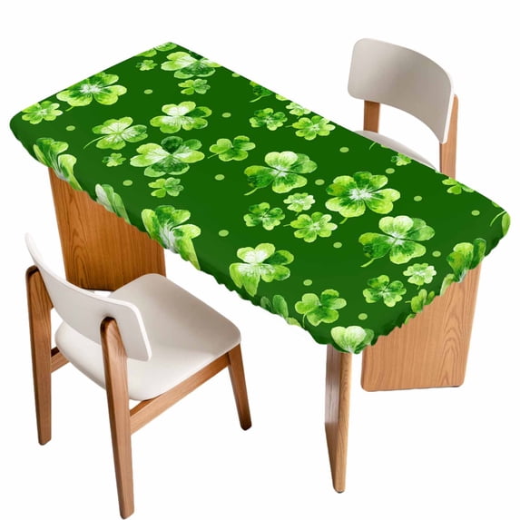 St. Patrick's Day Table Cloths for 4 Foot Rectangle Tables, Spring Shamrock Leaves Polka Dots Dark Green Patio Waterproof Elastic Fitted Tablecloths, Washable Rectangular Table Cover for Camping