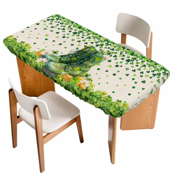 St. Patrick's Day Table Cloths for 5 Foot Rectangle Tables, Country Retro Green Boots Daisy Clovers Patio Waterproof Elastic Fitted Tablecloths, Washable Rectangular Table Cover for Camping