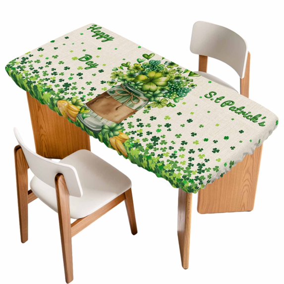 St. Patrick's Day Table Cloths for 5 Foot Rectangle Tables, Farmhouse Green Lucky Clovers Coin Patio Waterproof Elastic Fitted Tablecloths, Washable Rectangular Table Cover for Camping