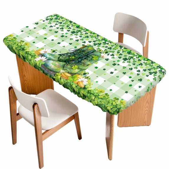 St. Patrick's Day Table Cloths for 5 Foot Rectangle Tables, Green Boots Daisy Clovers Buffalo Plaid Patio Waterproof Elastic Fitted Tablecloths, Washable Rectangular Table Cover for Camping