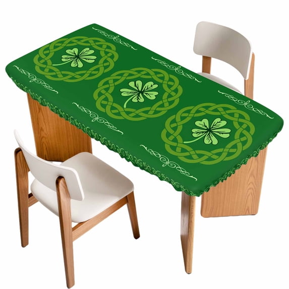 St. Patrick's Day Table Cloths for 5 Foot Rectangle Tables, Green Country Lucky Leaves Chic Border Patio Waterproof Elastic Fitted Tablecloths, Washable Rectangular Table Cover for Camping
