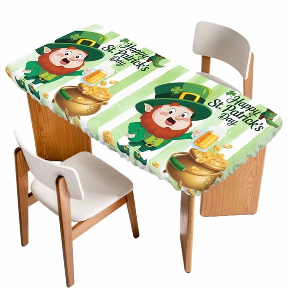 St. Patrick's Day Table Cloths for 5 Foot Rectangle Tables, Green Gnomes Gold Coin Beer Shamrock Stripes Patio Waterproof Elastic Fitted Tablecloths, Washable Rectangular Table Cover for Camping