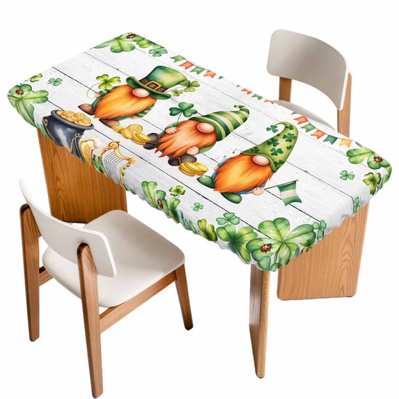 St. Patrick's Day Table Cloths for 5 Foot Rectangle Tables, Green Gnomes Lucky Shamrocks Grey Farm Wooden Patio Waterproof Elastic Fitted Tablecloths, Washable Rectangular Table Cover for Camping