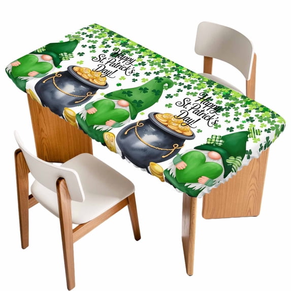 St. Patrick's Day Table Cloths for 5 Foot Rectangle Tables, Green Gnomes Spring Lucky Shamrocks Patio Waterproof Elastic Fitted Tablecloths, Washable Rectangular Table Cover for Camping