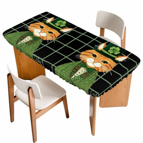 St. Patrick's Day Table Cloths for 5 Foot Rectangle Tables, Green Kitten Cats Lucky Shamrock Black Plaid Patio Waterproof Elastic Fitted Tablecloths, Washable Rectangular Table Cover for Camping