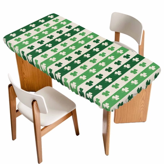 St. Patrick's Day Table Cloths for 5 Foot Rectangle Tables, Green Shamrock Irish Lucky Leaves Patio Waterproof Elastic Fitted Tablecloths, Washable Rectangular Table Cover for Camping