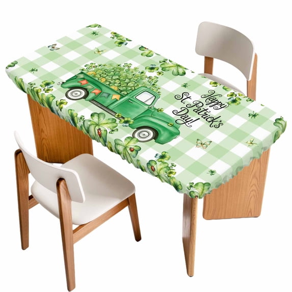 St. Patrick's Day Table Cloths for 5 Foot Rectangle Tables, Green Shamrocks Truck Country Buffalo Plaid Patio Waterproof Elastic Fitted Tablecloths, Washable Rectangular Table Cover for Camping