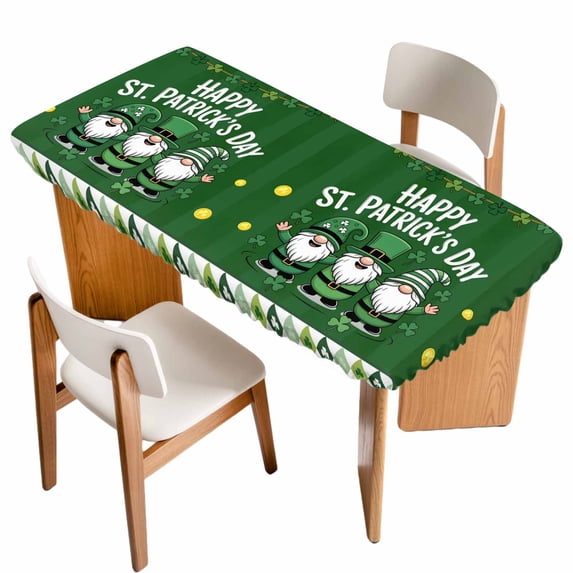 St. Patrick's Day Table Cloths for 5 Foot Rectangle Tables, Lucky Shamrock Gnomes Gold Coin Spring Green Patio Waterproof Elastic Fitted Tablecloths, Washable Rectangular Table Cover for Camping