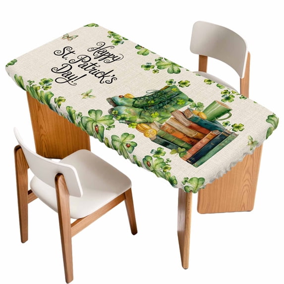 St. Patrick's Day Table Cloths for 5 Foot Rectangle Tables, Lucky Shamrocks Boots Green Leaves Retro Patio Waterproof Elastic Fitted Tablecloths, Washable Rectangular Table Cover for Camping