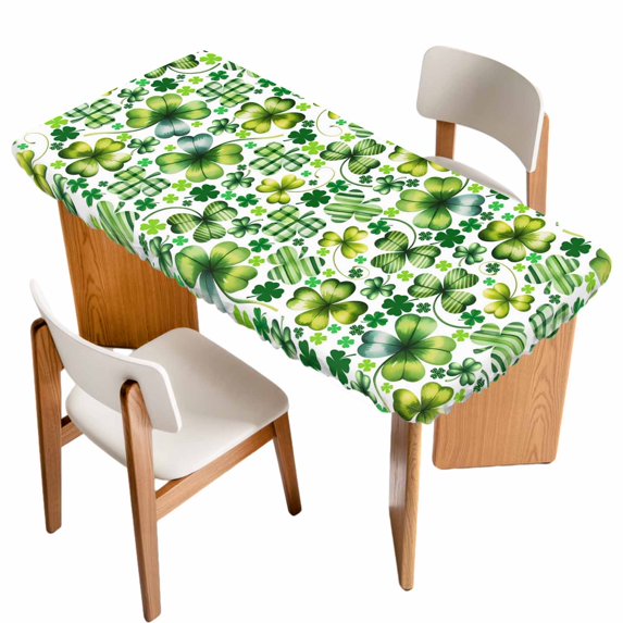 St. Patrick's Day Table Cloths for 5 Foot Rectangle Tables, Lucky Shamrocks Spring Country Leaves Patio Waterproof Elastic Fitted Tablecloths, Washable Rectangular Table Cover for Camping