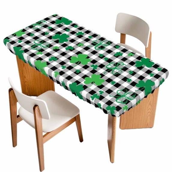St. Patrick's Day Table Cloths for 5 Foot Rectangle Tables, Spring Green Shamrock Checkered Buffalo Patio Waterproof Elastic Fitted Tablecloths, Washable Rectangular Table Cover for Camping