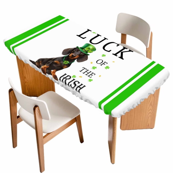 St. Patrick's Day Table Cloths for 5 Foot Rectangle Tables, Spring Lucky Hats Dogs Grass Striped Patio Waterproof Elastic Fitted Tablecloths, Washable Rectangular Table Cover for Camping