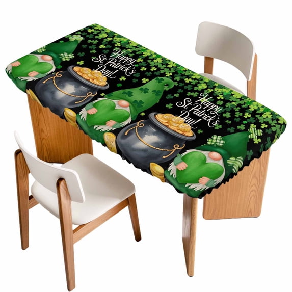 St. Patrick's Day Table Cloths for 5 Foot Rectangle Tables, Spring Lucky Shamrocks Green Gnomes Black Patio Waterproof Elastic Fitted Tablecloths, Washable Rectangular Table Cover for Camping