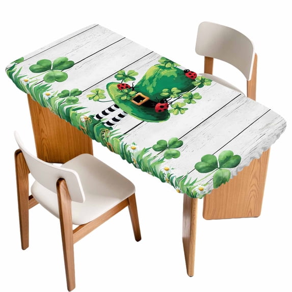 St. Patrick's Day Table Cloths for 5 Foot Rectangle Tables, Spring Shamrock Hat Daisy Ladybirds Wood Gray Patio Waterproof Elastic Fitted Tablecloths, Washable Rectangular Table Cover for Camping