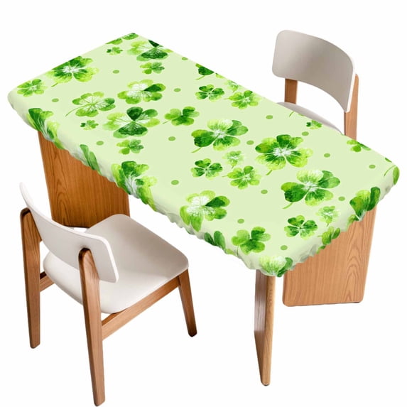 St. Patrick's Day Table Cloths for 5 Foot Rectangle Tables, Watercolor Shamrock Polka Dots Light Green Patio Waterproof Elastic Fitted Tablecloths, Washable Rectangular Table Cover for Camping