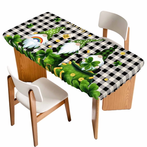 St. Patrick's Day Table Cloths for 6 Foot Rectangle Tables, Gnomes Gold Coin Shamrock Checkered Plaid Patio Waterproof Elastic Fitted Tablecloths, Washable Rectangular Table Cover for Camping