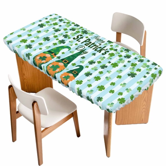 St. Patrick's Day Table Cloths for 6 Foot Rectangle Tables, Gnomes Shamrock Clovers Blue Stripes Patio Waterproof Elastic Fitted Tablecloths, Washable Rectangular Table Cover for Camping