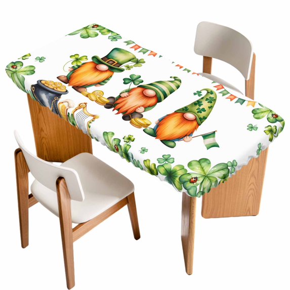 St. Patrick's Day Table Cloths for 6 Foot Rectangle Tables, Green Gnomes Lucky Shamrocks Flags Patio Waterproof Elastic Fitted Tablecloths, Washable Rectangular Table Cover for Camping