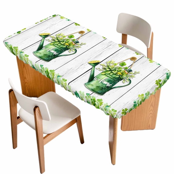 St. Patrick's Day Table Cloths for 6 Foot Rectangle Tables, Green Lucky Shamrock Watering Can Wood Gray Patio Waterproof Elastic Fitted Tablecloths, Washable Rectangular Table Cover for Camping