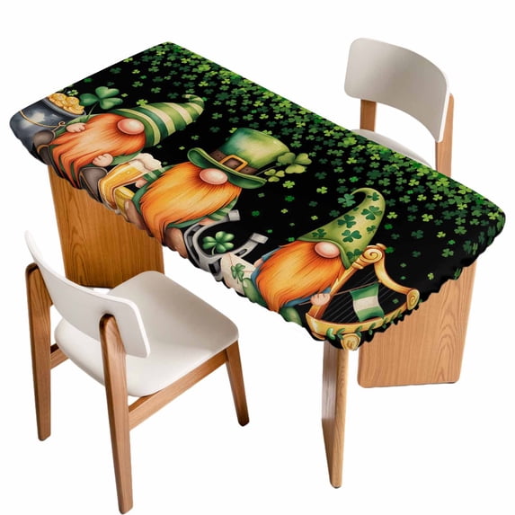 St. Patrick's Day Table Cloths for 6 Foot Rectangle Tables, Green Lucky Shamrocks Harp Beer Black Patio Waterproof Elastic Fitted Tablecloths, Washable Rectangular Table Cover for Camping