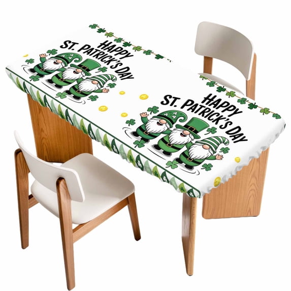 St. Patrick's Day Table Cloths for 6 Foot Rectangle Tables, Green Shamrock Gnomes Gold Coin Spring Patio Waterproof Elastic Fitted Tablecloths, Washable Rectangular Table Cover for Camping