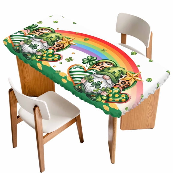 St Patrick's Day Table Cloths for 6 Foot Rectangle Tables, Green Shamrock Gnomes Love Star Rainbow Spring Patio Waterproof Elastic Fitted Tablecloths, Washable Rectangular Table Cover for Camping
