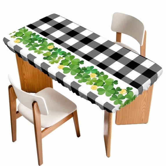 St. Patrick's Day Table Cloths for 6 Foot Rectangle Tables, Green Shamrock Grasses Black White Plaid Patio Waterproof Elastic Fitted Tablecloths, Washable Rectangular Table Cover for Camping